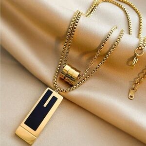 Gold Plated Stainless Steel Bar Layered Ring Pendant Necklace